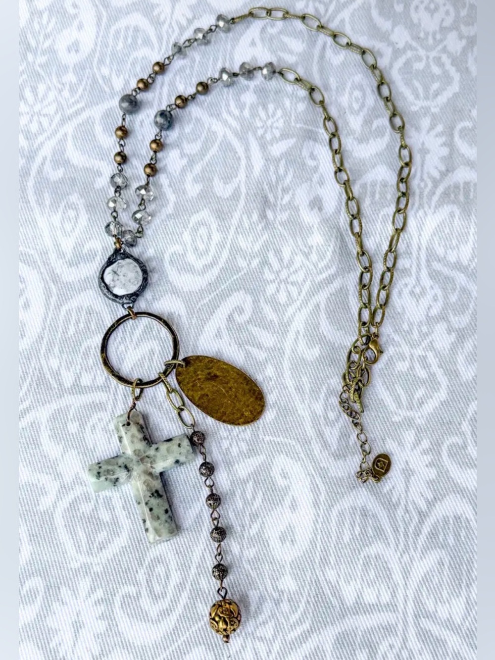 Leanora Handcrafted Speckled Stone Cross Bronze Pendant Necklace